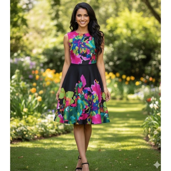 Tahari Vibrant Watercolor Fit and Flare Dress - Picture 1 of 16